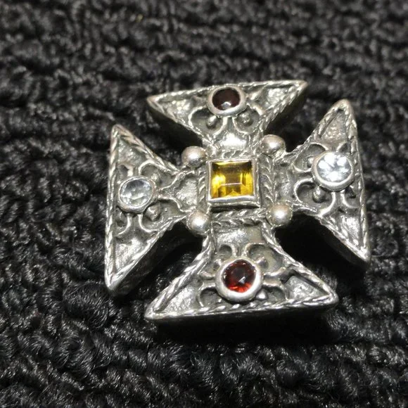 Sterling Silver 925 Iron Cross Pendant W/ Citrine,Garnet,Blue Topaz Crys… - Picture 5 of 5